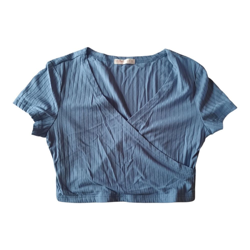 ROMWE Blue Ribbed Crop Wrap Blouse